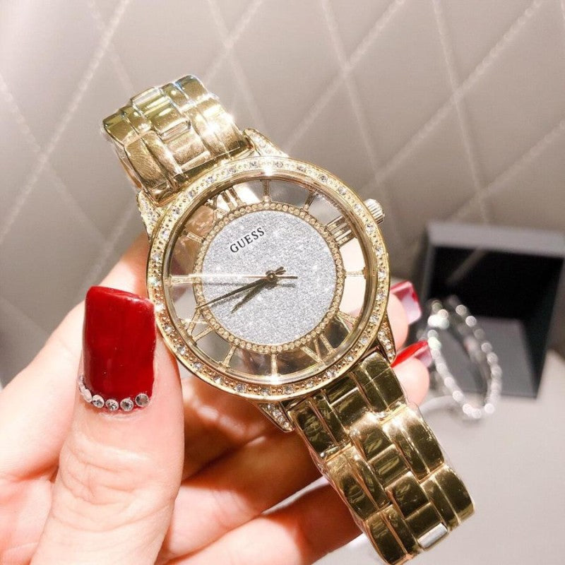Guess Analog Diamonds Silver Dial Gold Steel Strap Watch For Women - W1013l2 Buy Now By Guess