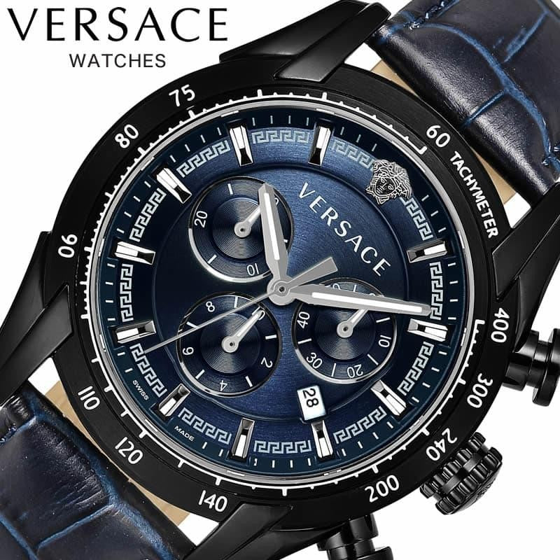 Versace V-Ray Chronograph Quartz Blue Dial Black Leather Strap Watch For Men - VEDB00418 Buy Now By Versace
