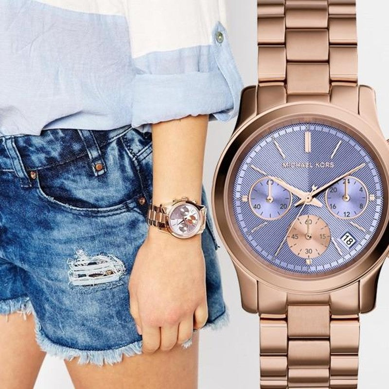Michael Kors Runway Chronograph Purple Dial Rose Gold Steel Strap Watch For Women - MK6163 Buy Now By Michael Kors
