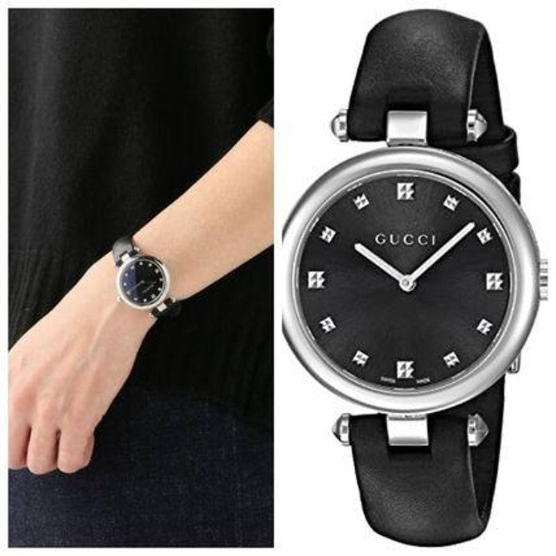Gucci Diamantissima Diamonds Black Dial Black Leather Strap Watch For Women - YA141403 Buy Now By Gucci
