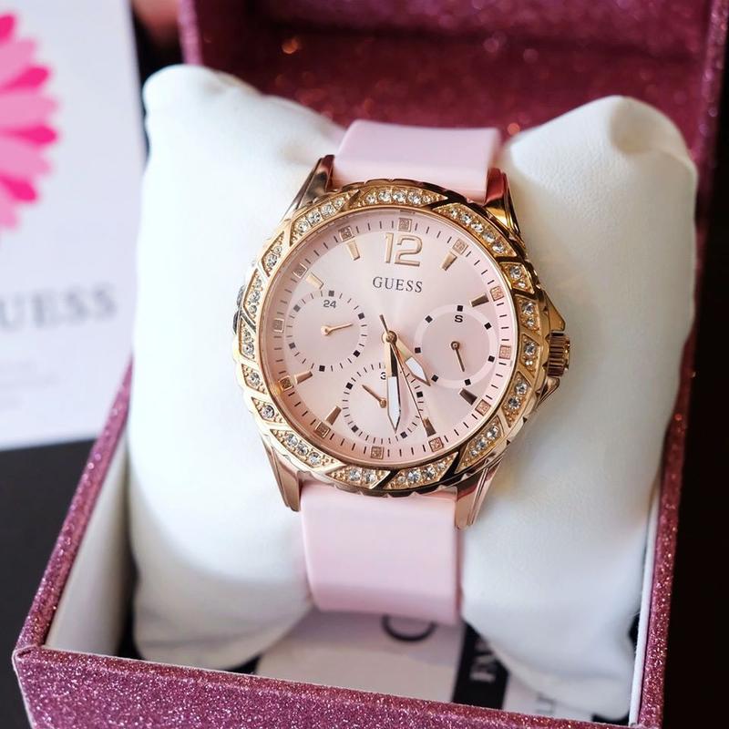 Guess Sparkling Diamonds Pink Dial Pink Rubber Strap Watch for Women - W0032L9 Buy Now By Guess