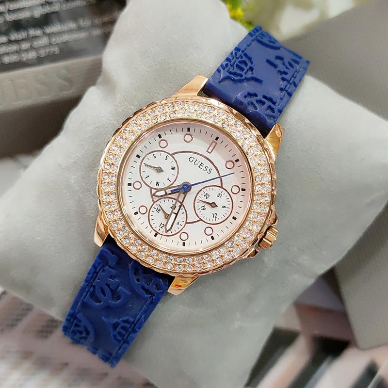 Guess Crown Jewel Diamonds White Dial Blue Rubber Strap Watch for Women - GW0411L2 Buy Now By Guess