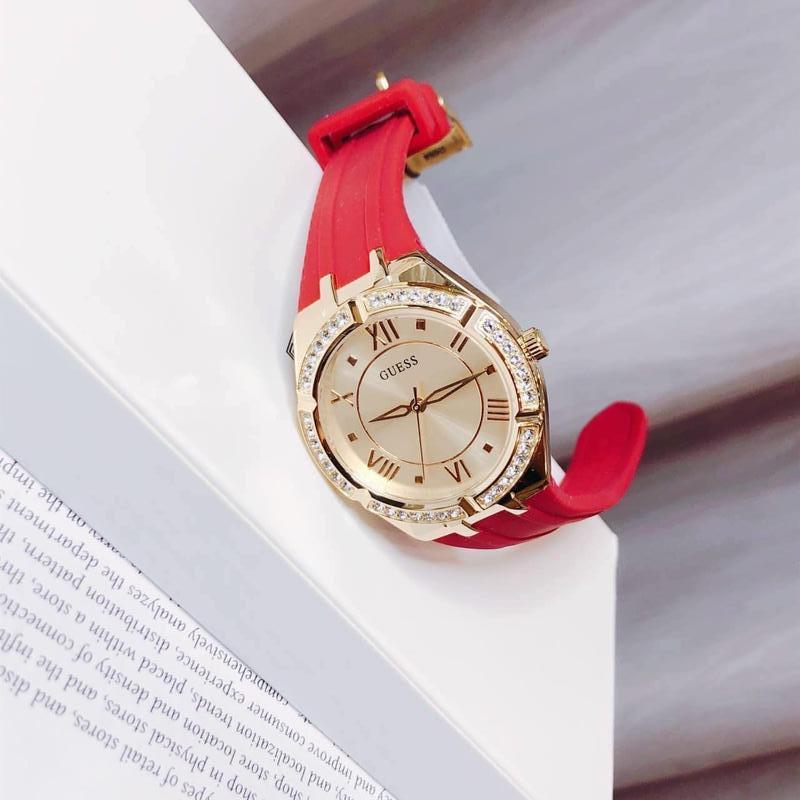 Guess Cosmo Diamonds Gold Dial Red Rubber Strap Watch for Women - GW0034L6 Buy Now By Guess
