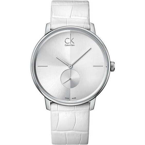 Calvin Klein Accent Silver Dial White Leather Strap Watch for Women - K2Y231K6 Buy Now By Calvin Klein