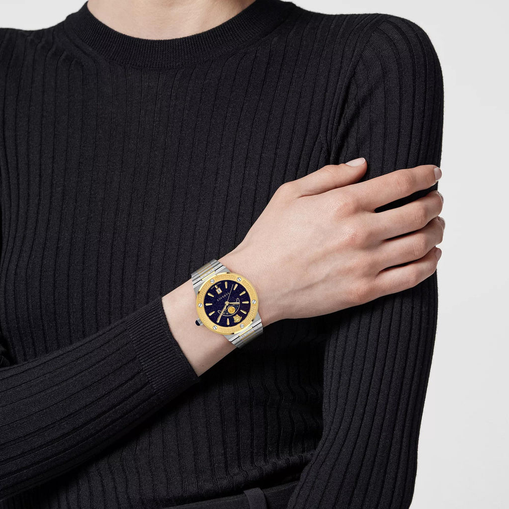 Versace Greca Logo Moonphase Black Dial Two Tone Steel Strap Watch for Men - VE7G00223 Buy Now By Versace