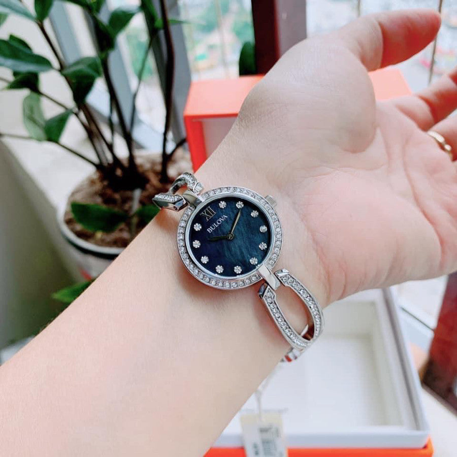 Bulova Crystal Black Mother of Pearl Dial Silver Steel Strap Watch for Women - 96L224 Buy Now By Bulova