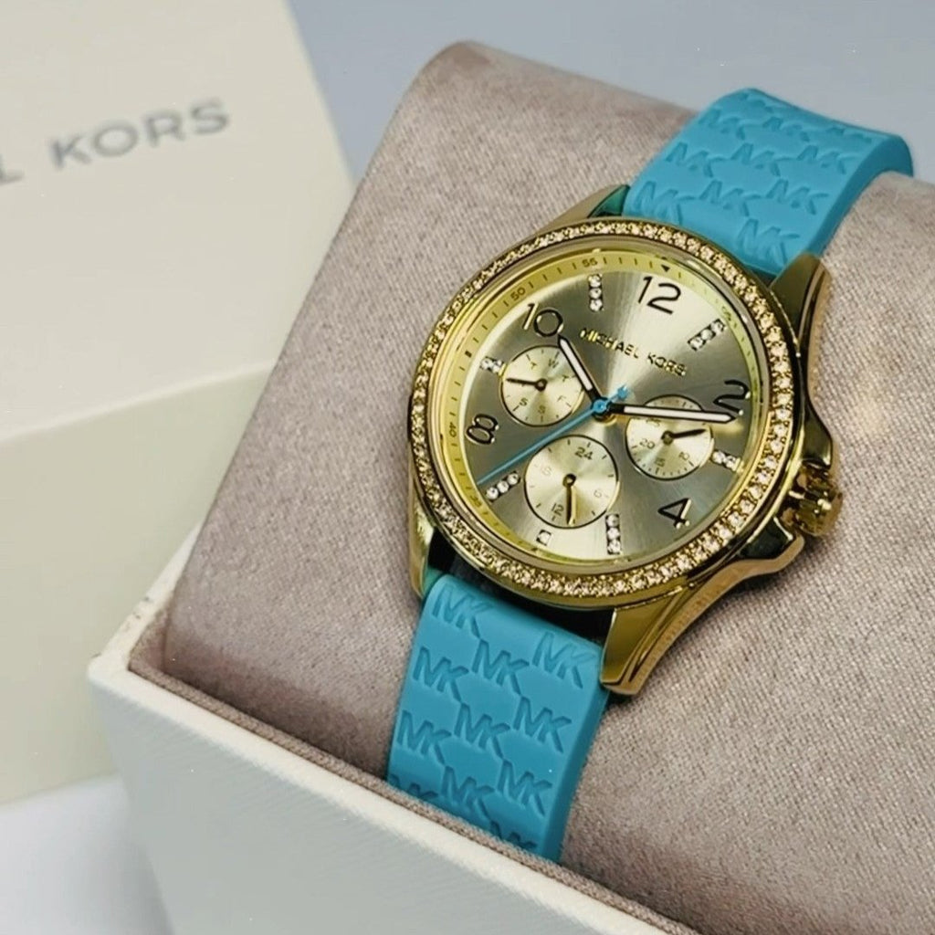 Michael Kors Mini Pilot Quartz Gold Dial Blue Silicone Strap Watch For Women - MK7374 Buy Now By Michael Kors