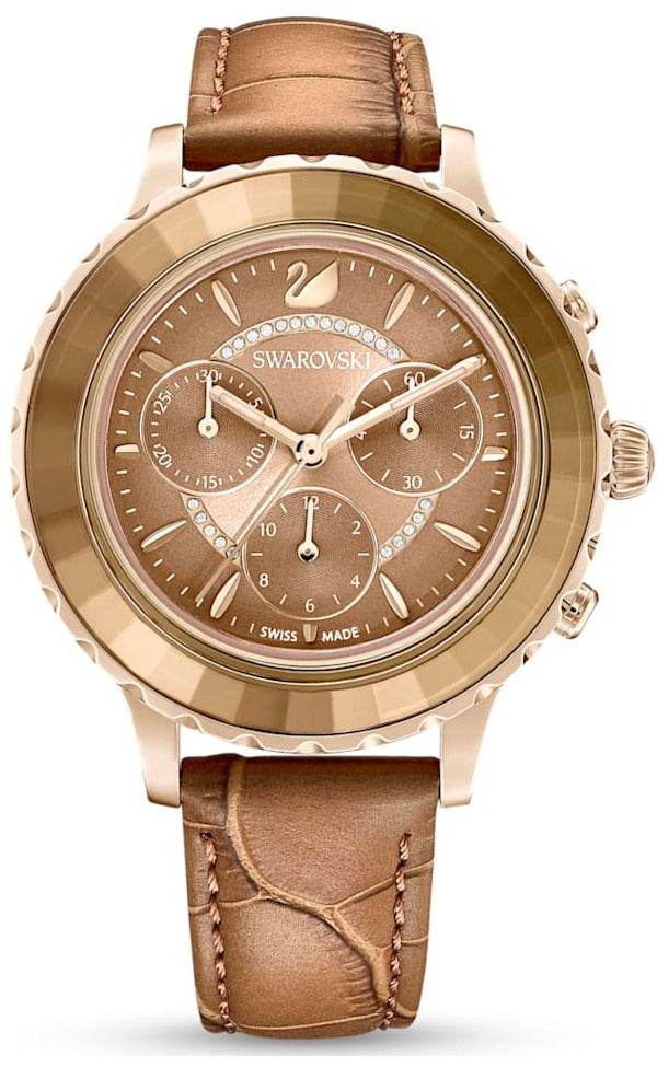 Swarovski Octea Lux Chrono Brown Gold Dial Brown Leather Strap Watch for Women - 5632260 Buy Now By Swarovski