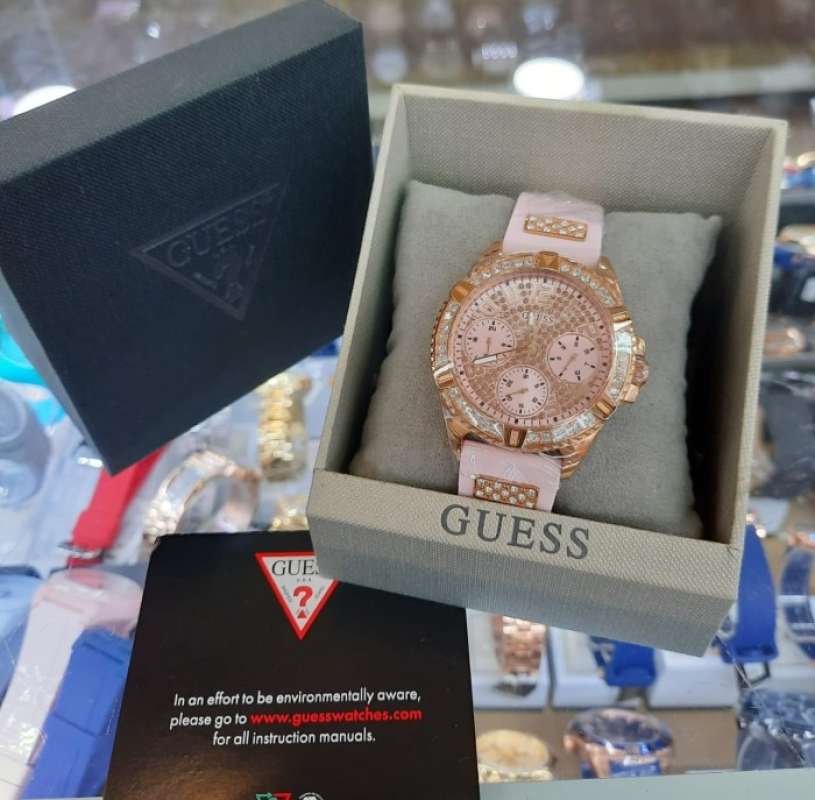 Guess Frontier Diamonds Rose Gold Dial Pink Rubber Strap Watch For Women - W1160L5 Buy Now By Guess