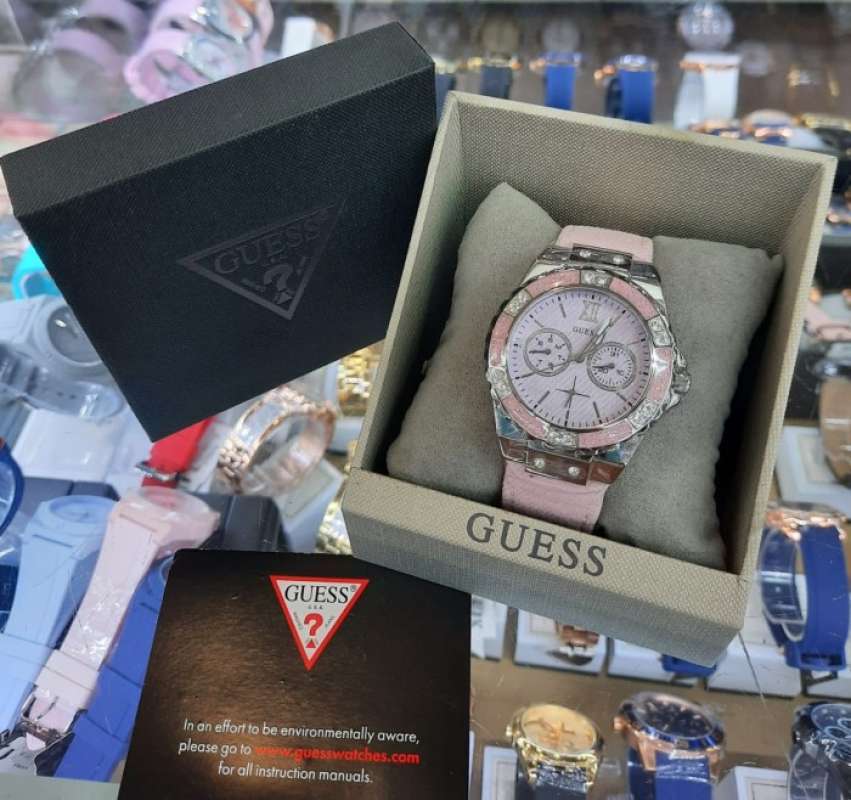 Guess Limelight Quartz Diamonds Pink Dial Pink Denim Strap Watch For Women - W0775l15 Buy Now By Guess