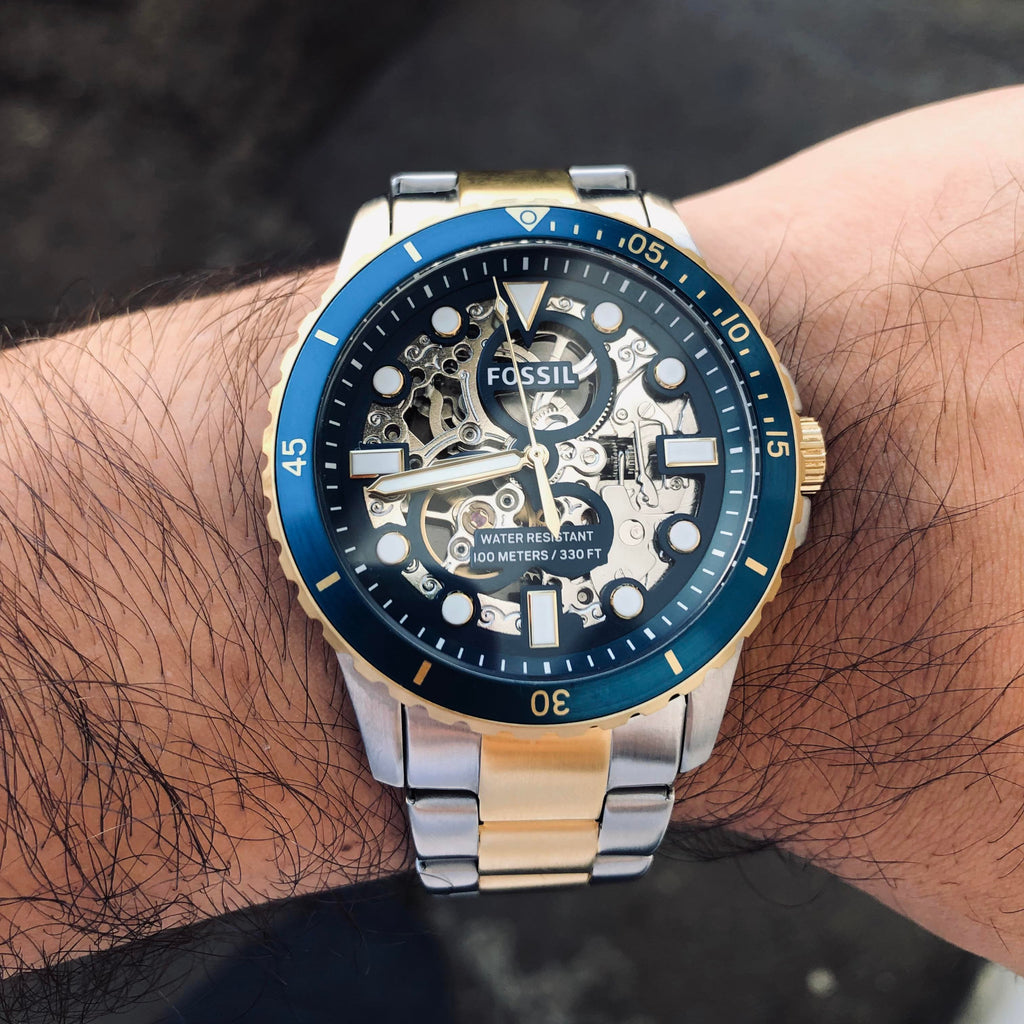 Fossil FB-01 Automatic Skeleton Blue Dial Two Tone Steel Strap Watch for Men - ME3191 Buy Now By Fossil