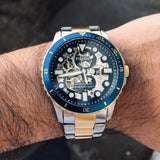 Fossil FB-01 Automatic Skeleton Blue Dial Two Tone Steel Strap Watch for Men - ME3191 Buy Now By Fossil