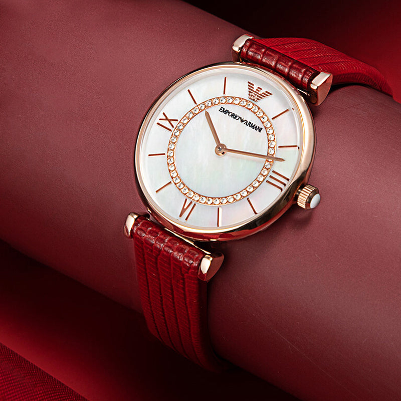 Emporio Armani Gianni T-Bar Analog Mother of Pearl Dial Red Leather Strap Watch For Women - AR11322 Buy Now By Emporio Armani