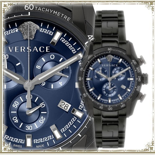 Versace V-Ray Chronograph Quartz Blue Dial Black Steel Strap Watch For Men - VE2I00521 Buy Now By Versace