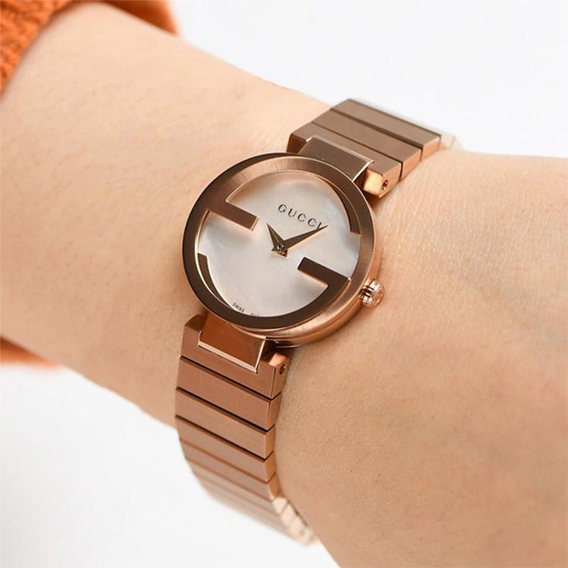Gucci G Interlocking Mother of Pearl Dial Rose Gold Steel Strap Watch For Women - YA133515 Buy Now By Gucci