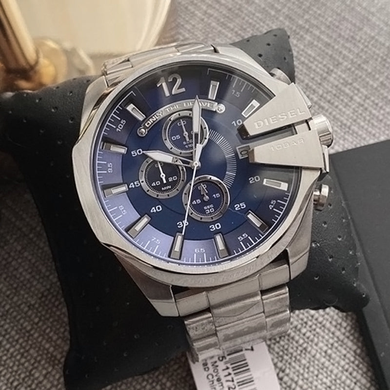 Diesel Mega Chief Chronograph Blue Dial Silver Steel Strap Watch For Men - DZ4417 Buy Now By Diesel