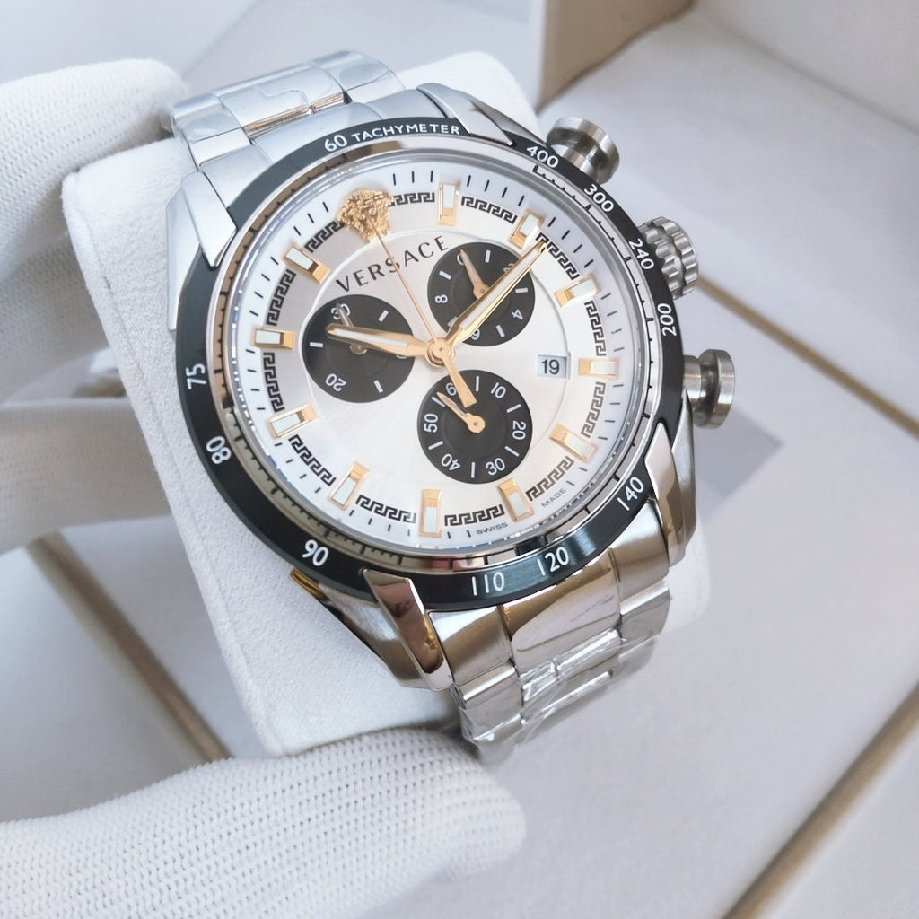 Versace V-Ray Chronograph Quartz Silver Dial Silver Steel Strap Watch For Men - VE2I00321 Buy Now By Versace
