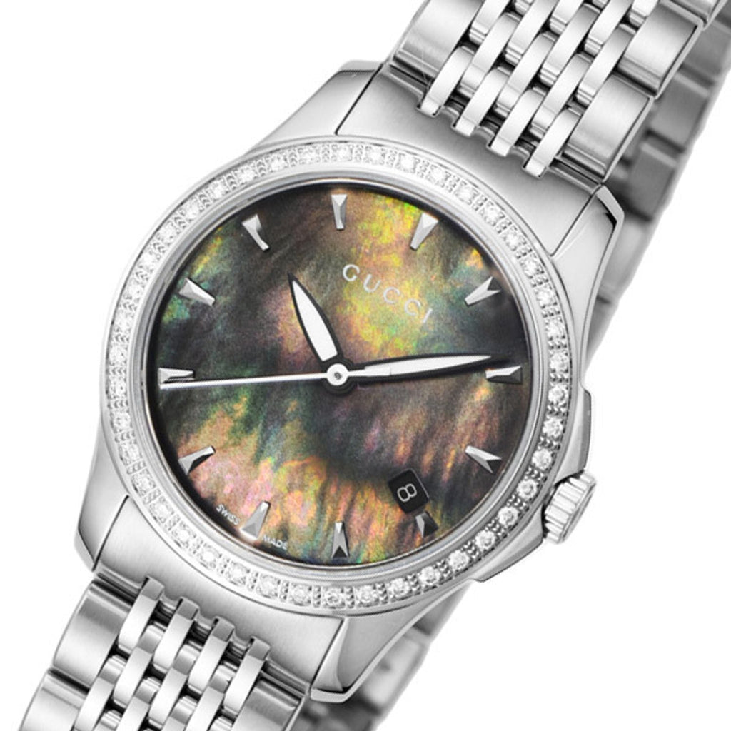 Gucci G Timeless Diamonds Mother of Pearl Black Dial Silver Mesh Bracelet Watch For Women - YA126507 Buy Now By Gucci