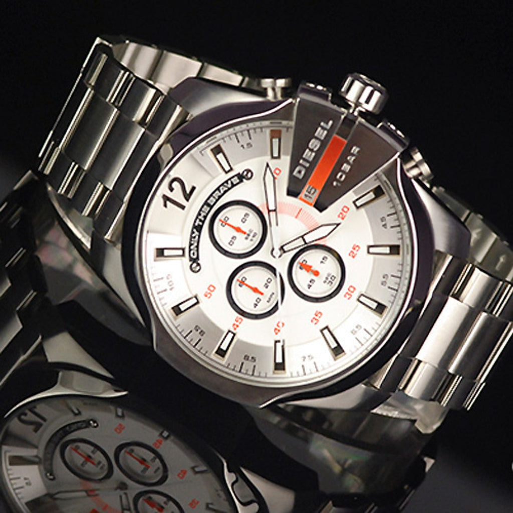 Diesel Mega Chief Chronograph White Dial Silver Steel Strap Watch For Men - DZ4328 Buy Now By Diesel