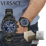 Versace V-Ray Chronograph Quartz Blue Dial Black Leather Strap Watch For Men - VEDB00418 Buy Now By Versace