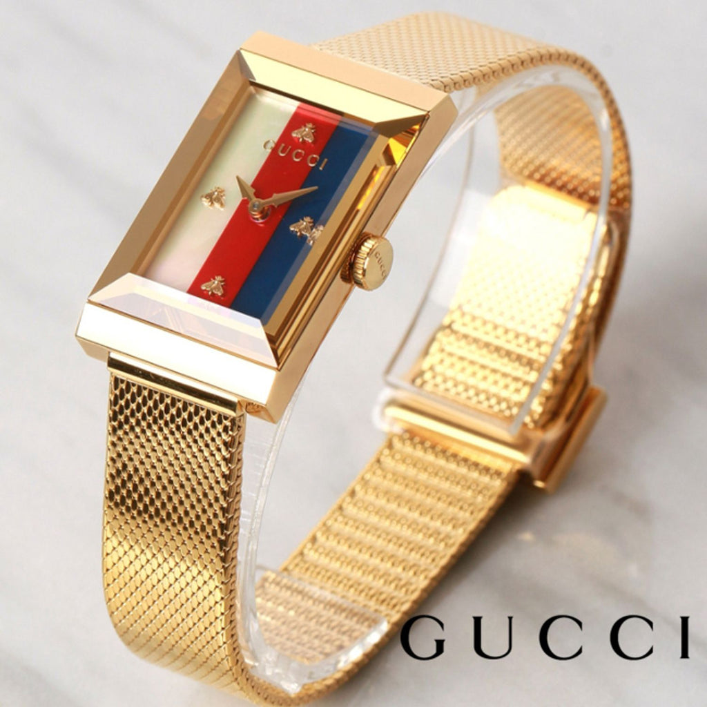 Gucci G-Frame Mother of Pearl Dial Yellow Gold Mesh Bracelet Watch For Women - YA147410 Buy Now By Gucci