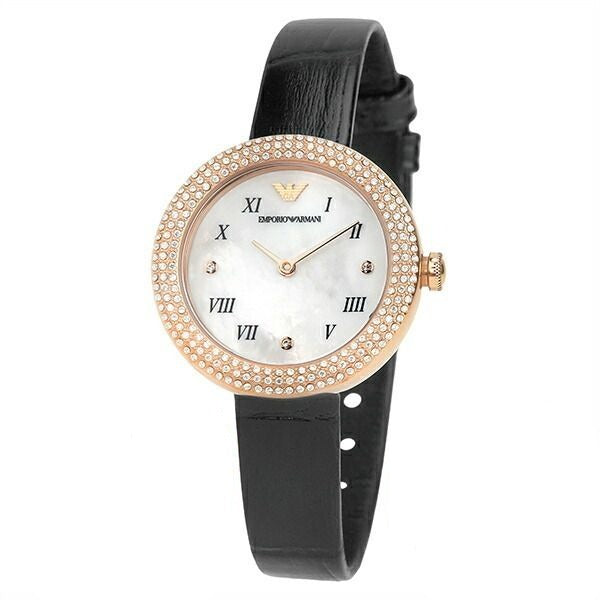 Emporio Armani Rosa Quartz Mother Of Pearl White Dial Black Leather Strap Watch For Women - AR11356 Buy Now By Emporio Armani