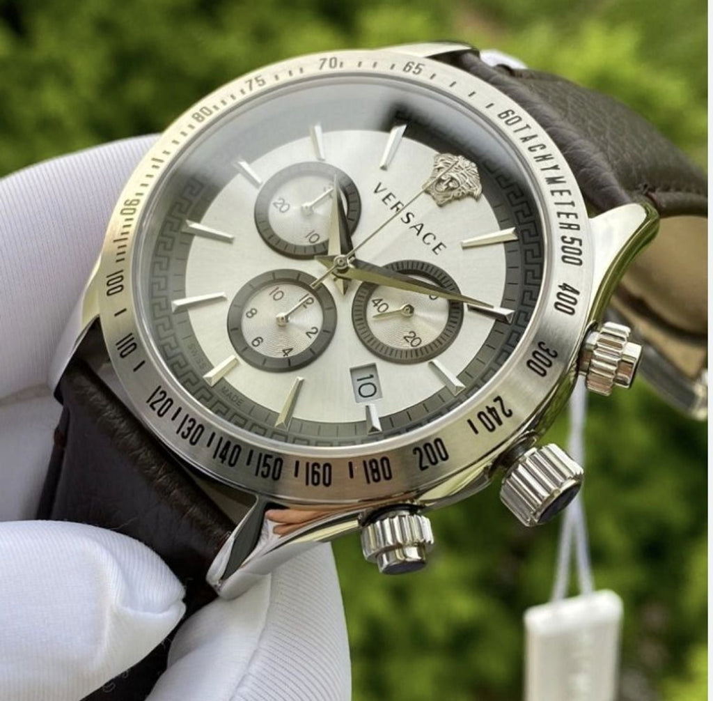 Versace Classic Chronograph Quartz Silver Dial Brown Leather Strap Watch For Men - VEV700119 Buy Now By Versace