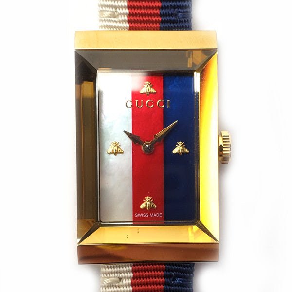 Gucci G-Frame Mother of Pearl Dial White Blue Red Nylon Strap Watch For Women - YA147405 Buy Now By Gucci