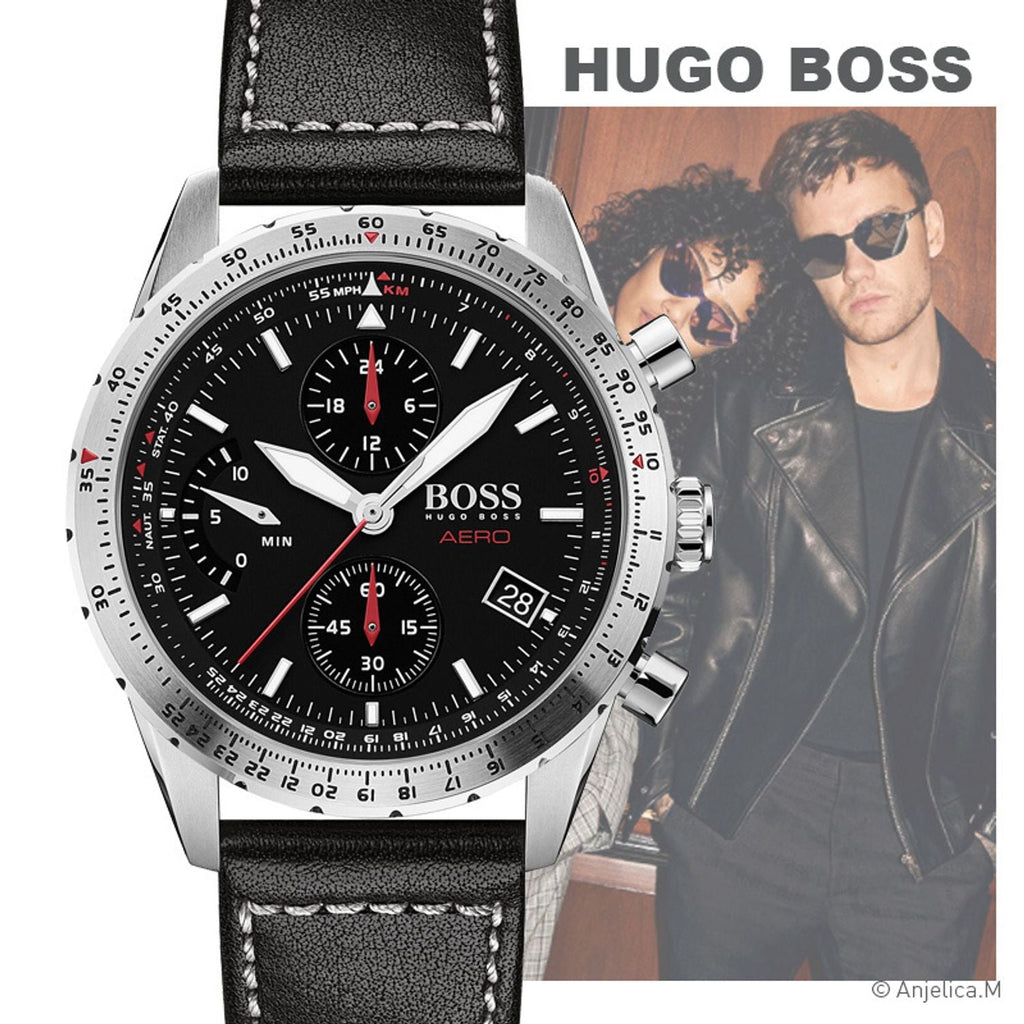 Hugo Boss Aero Chronograph Black Dial Black Leather Strap Watch for Men - 1513770 Buy Now By Hugo Boss