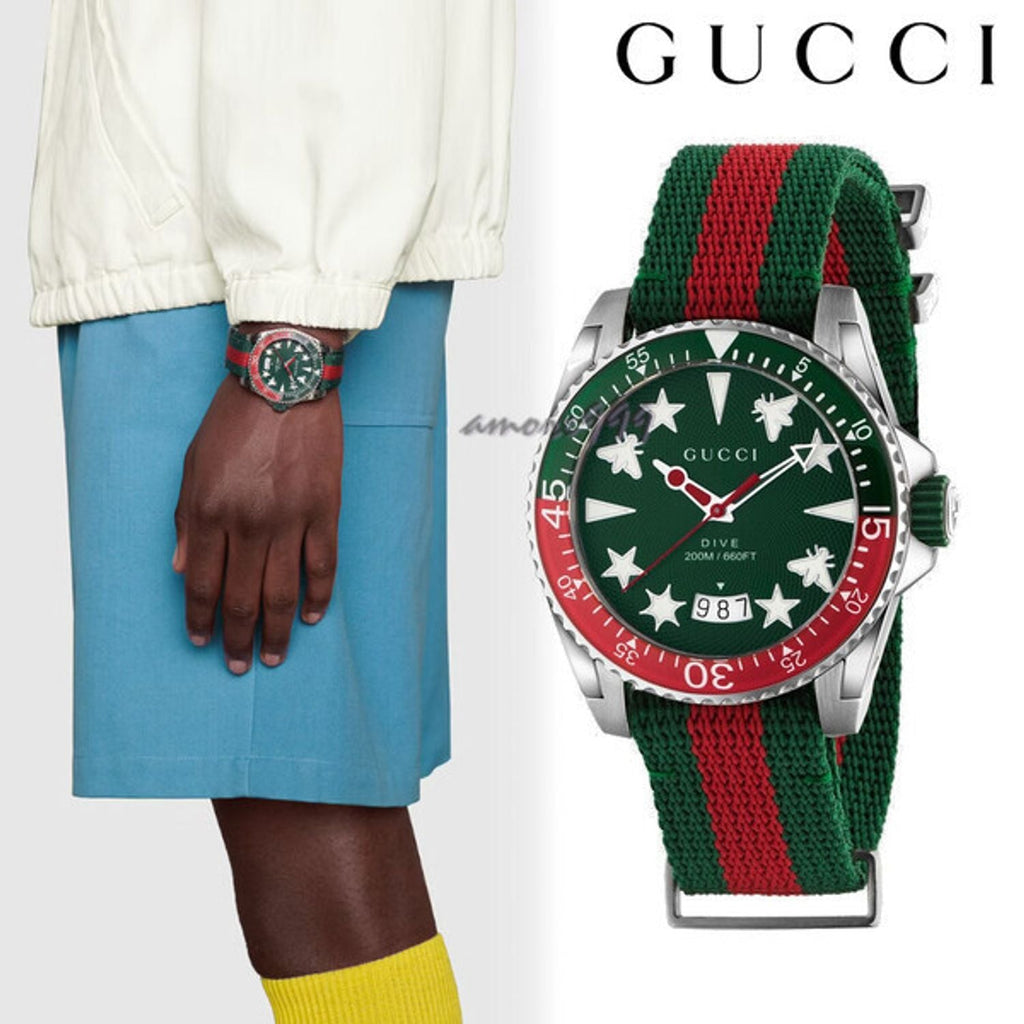 Gucci Dive Quartz Green Dial Two Tone NATO Strap Watch For Men - YA136339 Buy Now By Gucci