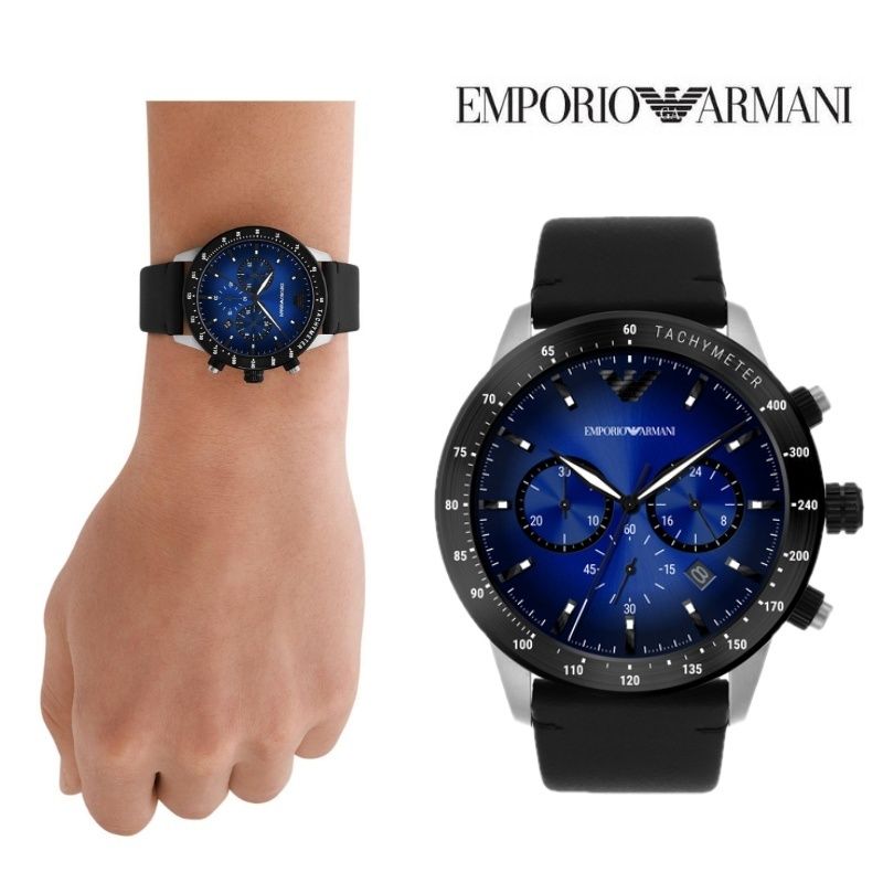 Emporio Armani Mario Chronograph Blue Dial Black Leather Strap Watch For Men - AR11522 Buy Now By Emporio Armani