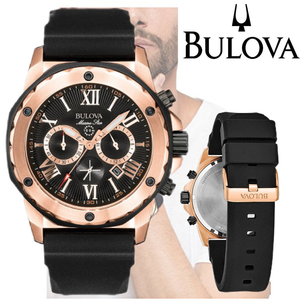 Bulova Marine Star Chronograph Black Dial Black Rubber Strap Watch for Men - 98B104 Buy Now By Bulova
