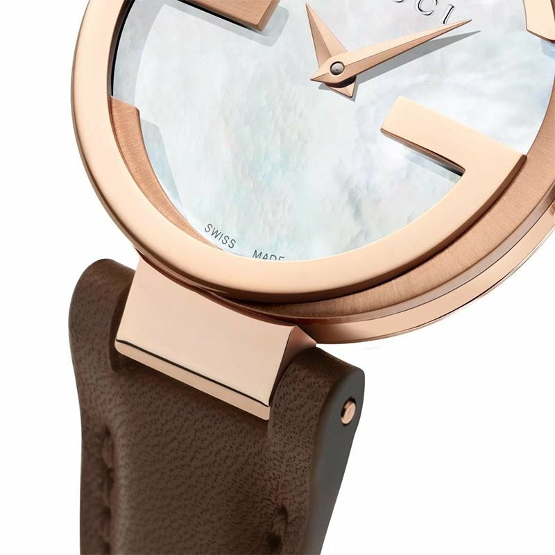 Gucci G Interlocking Mother of Pearl Dial Brown Leather Strap Watch For Women - YA133516 Buy Now By Gucci