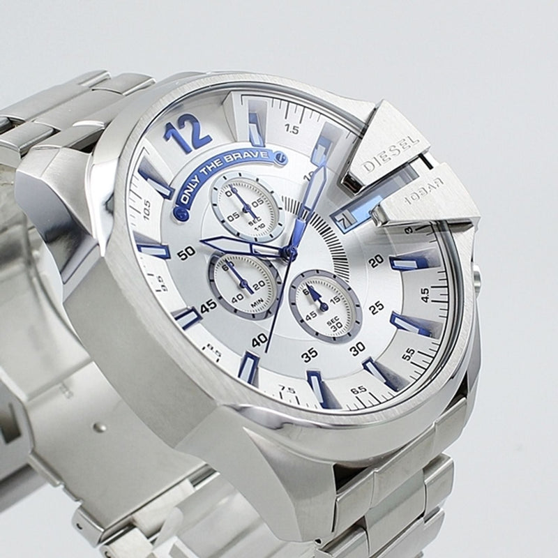 Diesel Mega Chief Chronograph White Dial Silver Steel Strap Watch For Men - DZ4477 Buy Now By Diesel