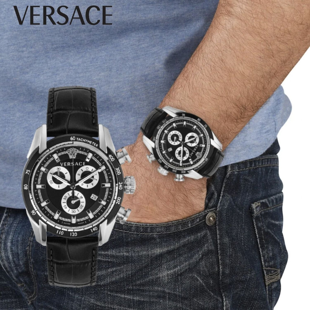 Versace V Ray Chronograph Quartz Black Dial Black Leather Strap Watch For Men - VE2I00121 Buy Now By Versace