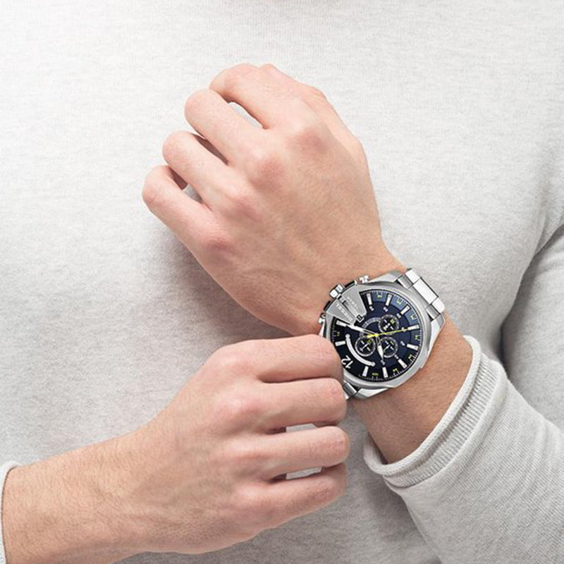 Diesel Mega Chief Chronograph Blue Dial Silver Steel Strap Watch For Men - DZ4465 Buy Now By Diesel