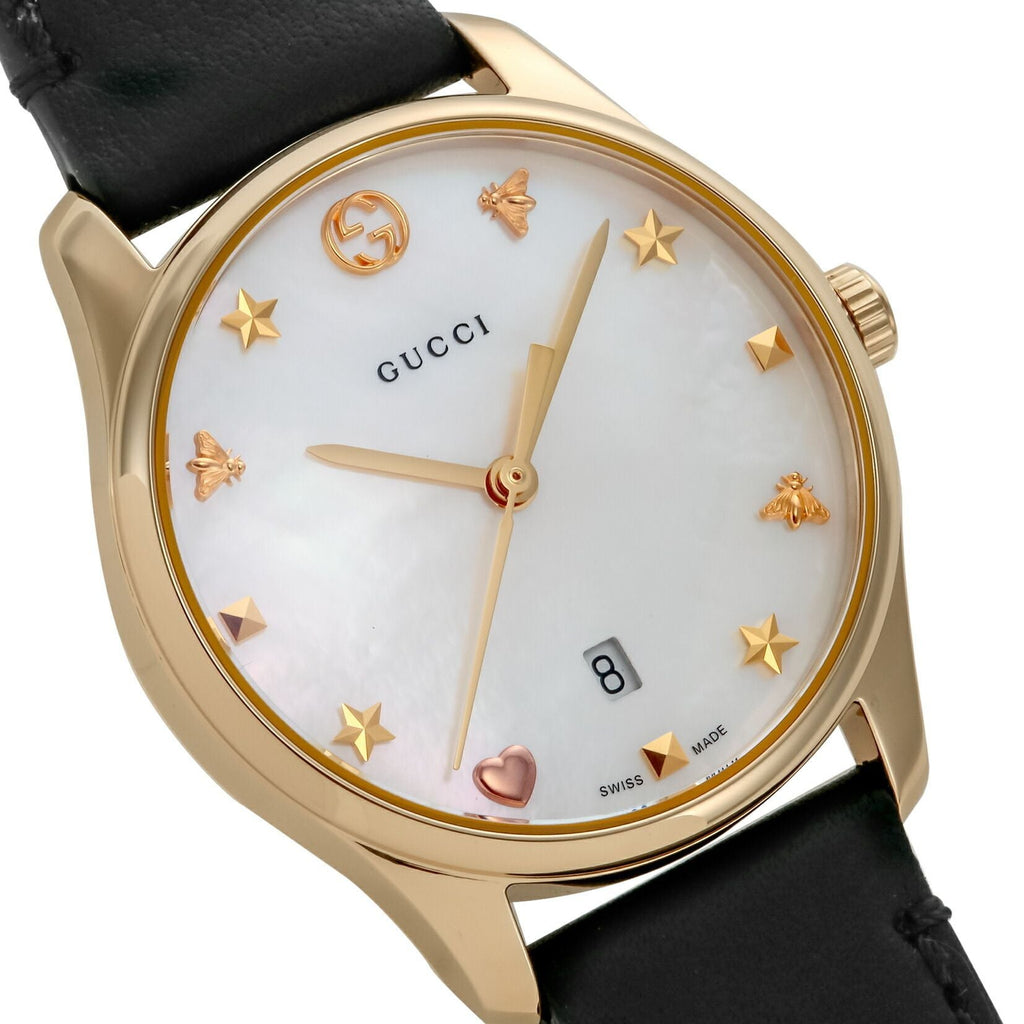 Gucci G-Timeless Mother of Pearl Dial Black Leather Strap Watch For Women - YA126589 Buy Now By Gucci