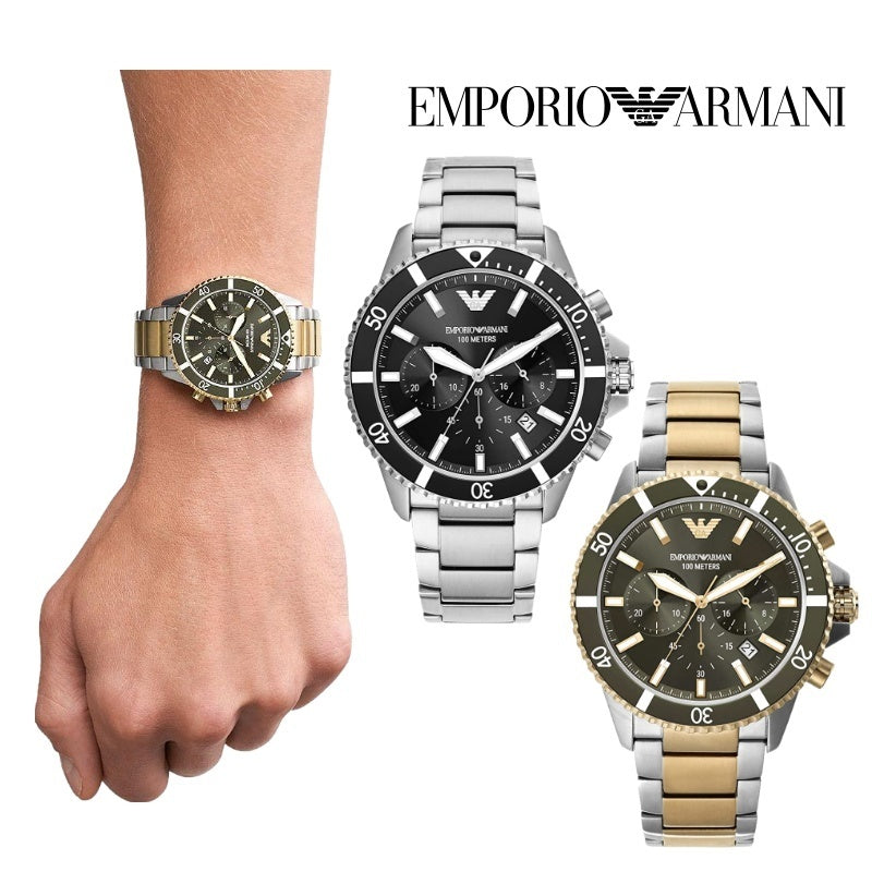 Emporio Armani Diver Chronograph Green Dial Two Tone Steel Strap Watch For Men - AR11361 Buy Now By Emporio Armani