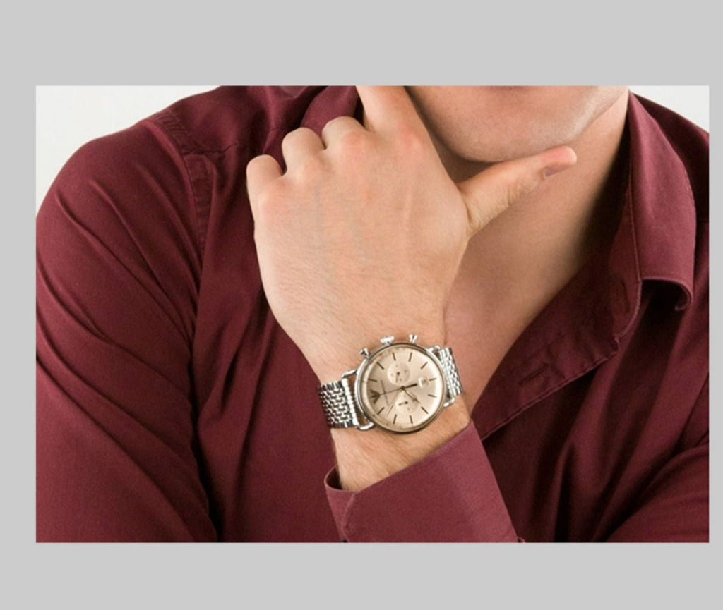 Emporio Armani Aviator Chronograph Beige Dial Silver Steel Strap Watch For Men - AR11239 Buy Now By Emporio Armani