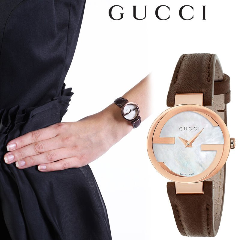 Gucci G Interlocking Mother of Pearl Dial Brown Leather Strap Watch For Women - YA133516 Buy Now By Gucci