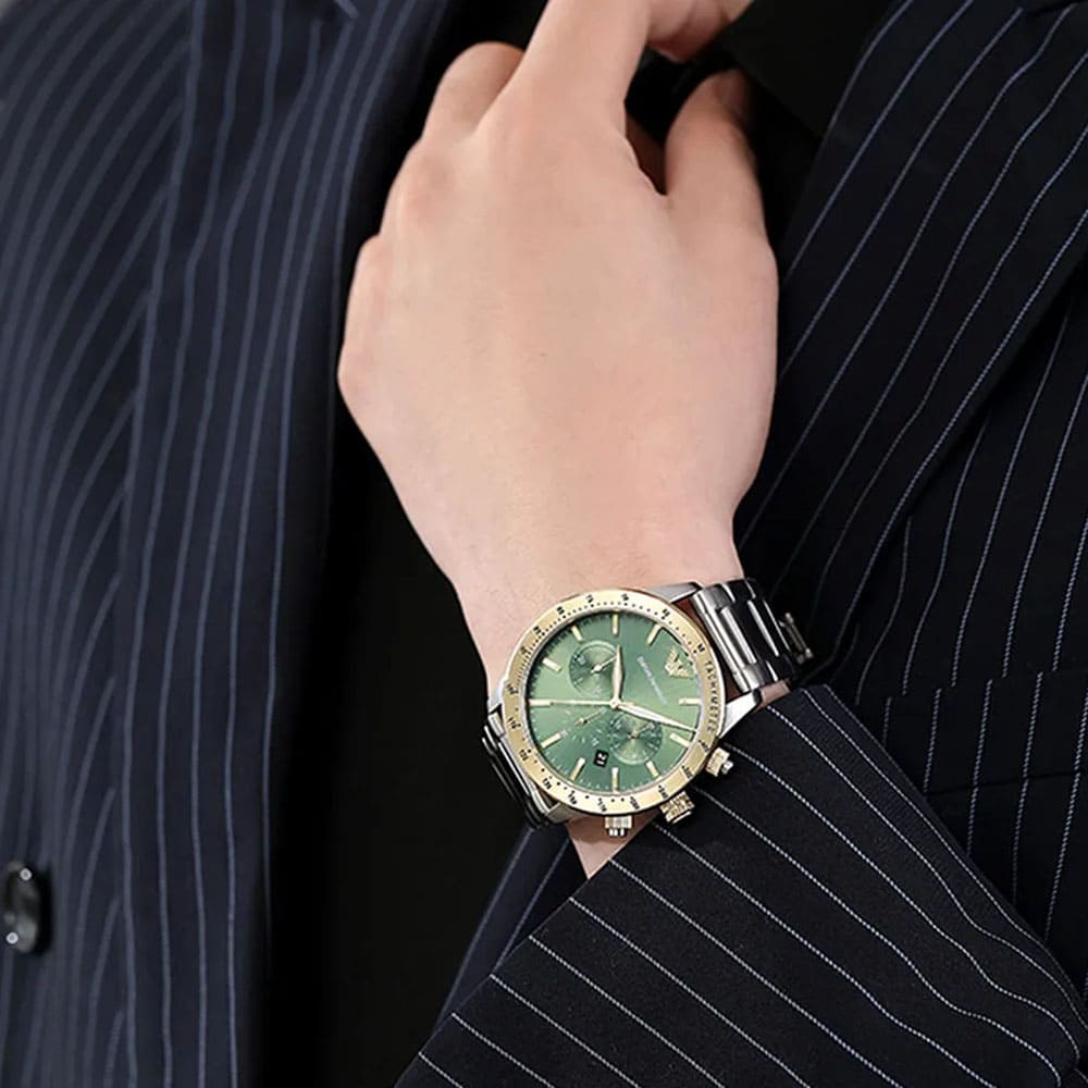 Emporio Armani Mario Chronograph Green Dial Silver Steel Strap Watch For Men - AR11454 Buy Now By Emporio Armani