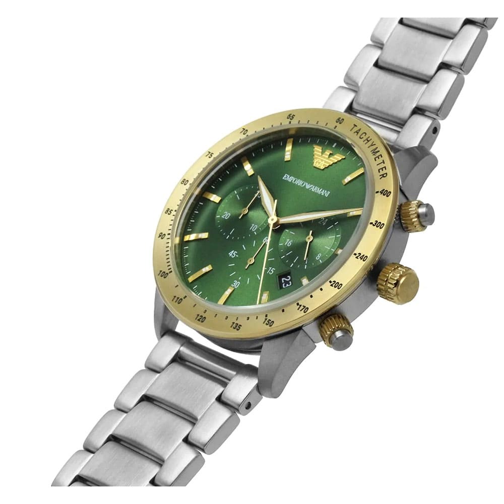 Emporio Armani Mario Chronograph Green Dial Silver Steel Strap Watch For Men - AR11454 Buy Now By Emporio Armani