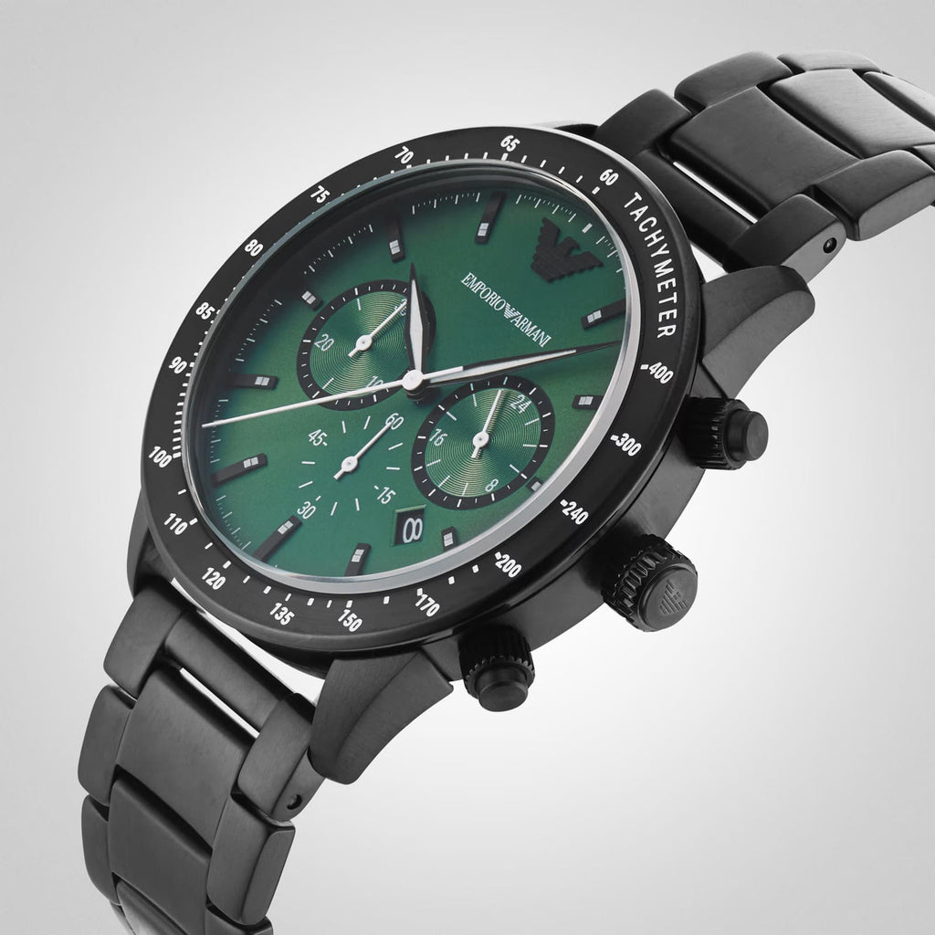 Emporio Armani Mario Chronograph Green Dial Black Steel Strap Watch For Men - AR11472 Buy Now By Emporio Armani