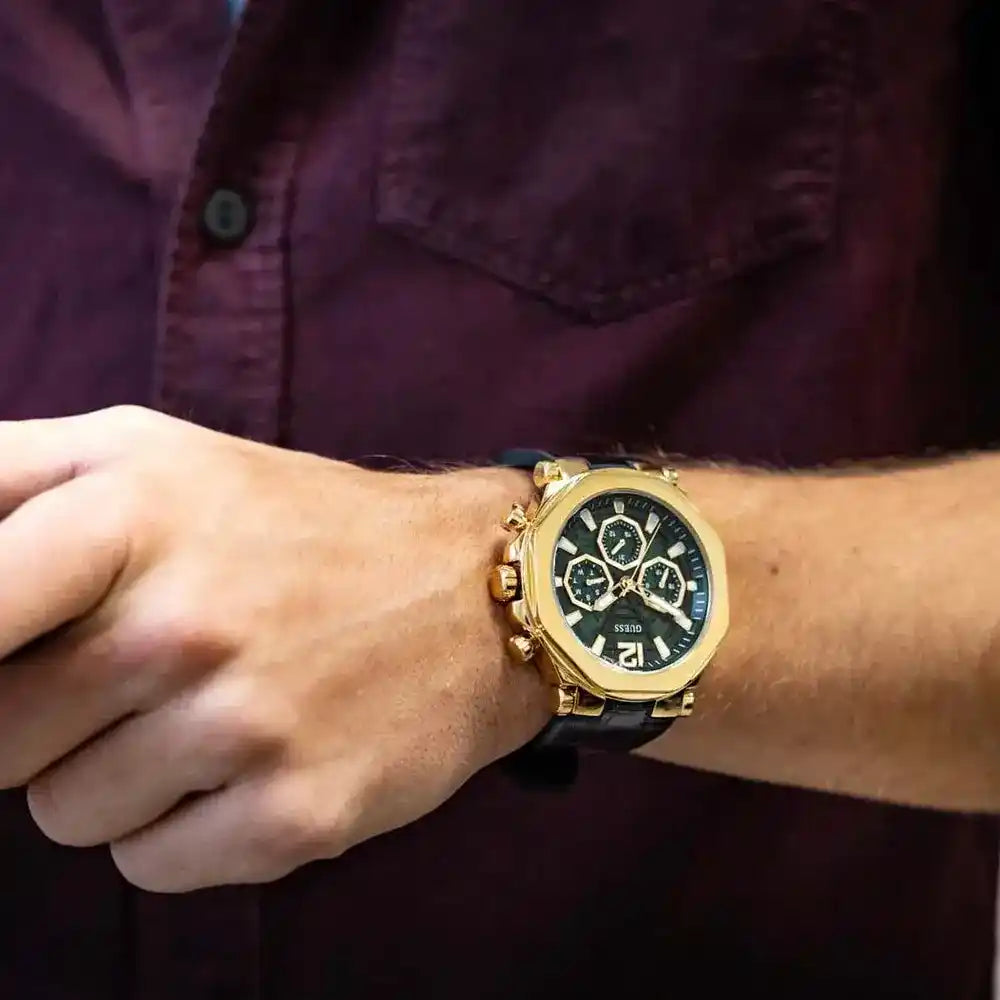 Guess Edge Chronograph Green Dial Black Leather Strap Watch For Men - GW0492G3 Buy Now By Guess