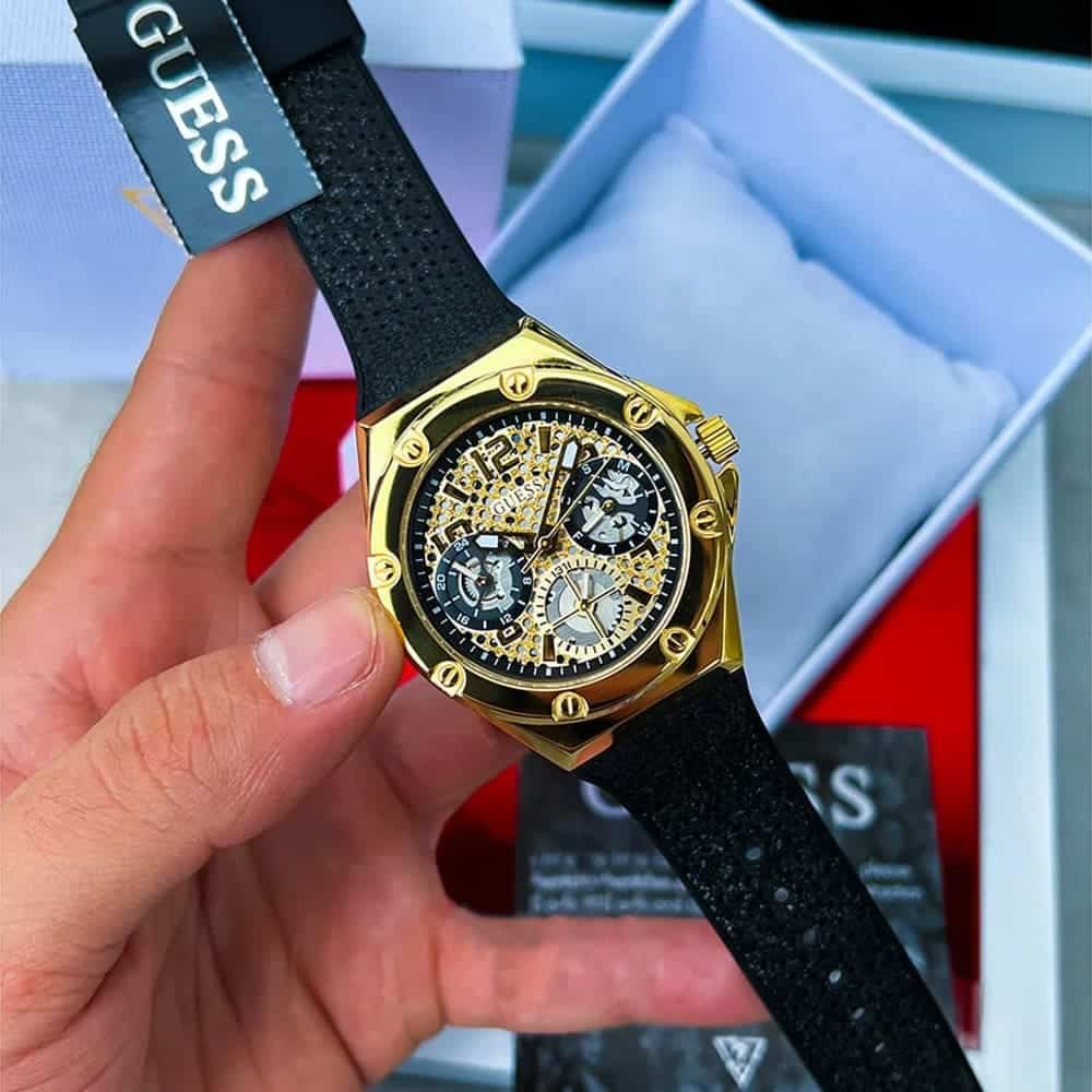 Guess Asteria Multifunction Gold Dial Black Rubber Strap Watch For Women - GW0620L2 Buy Now By Guess