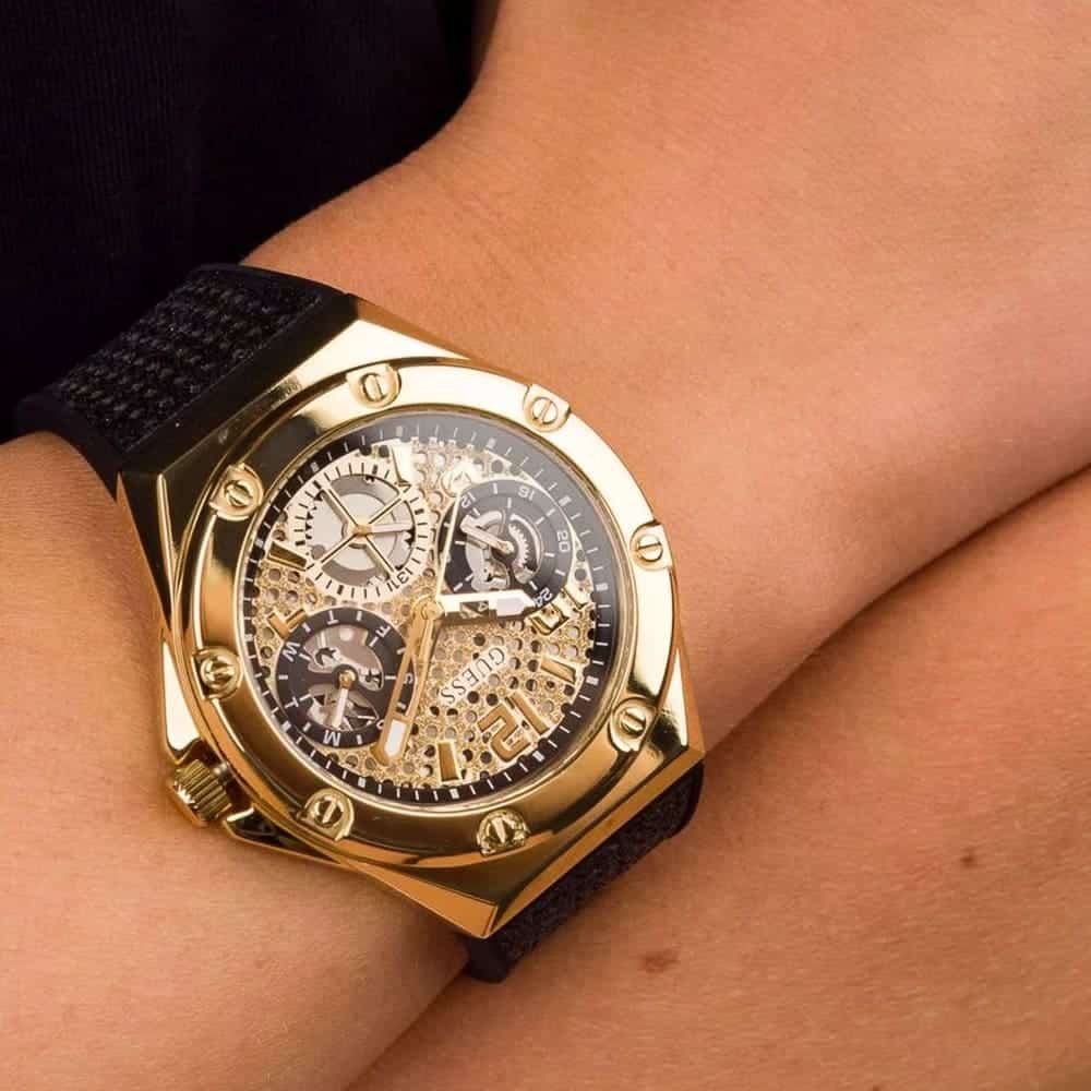 Guess Asteria Multifunction Gold Dial Black Rubber Strap Watch For Women - GW0620L2 Buy Now By Guess