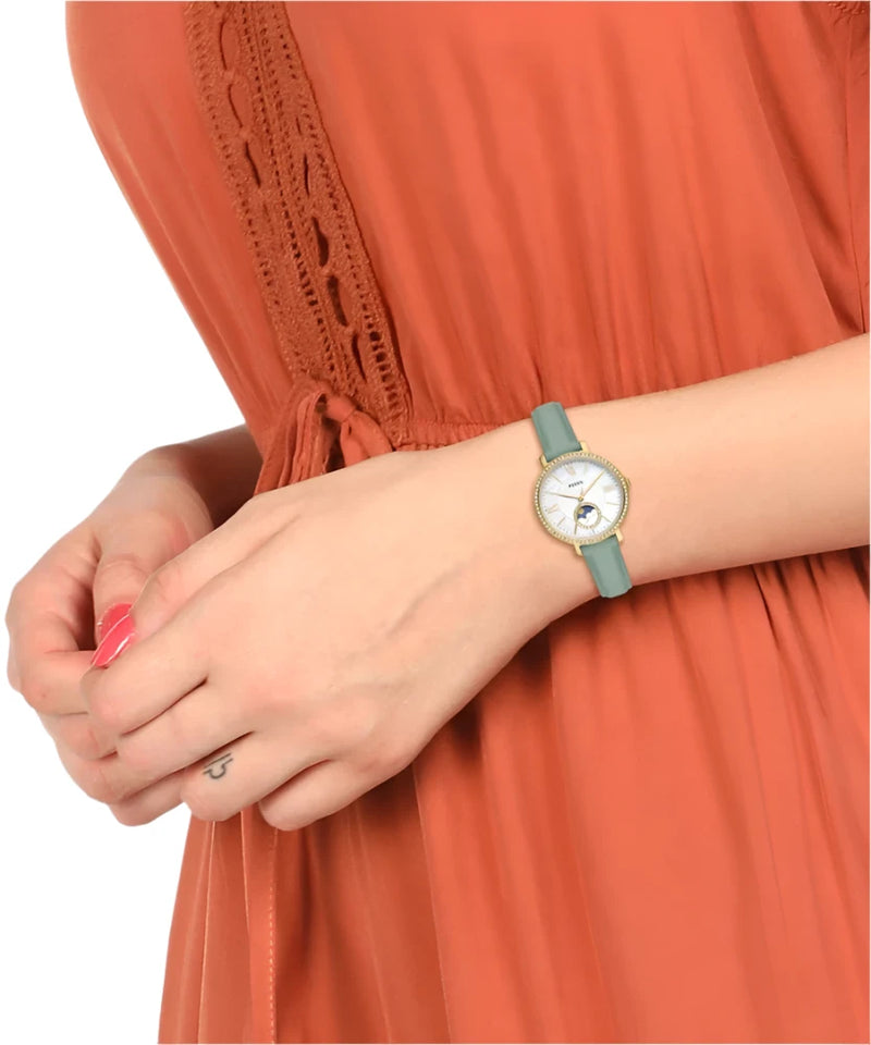 Fossil Jacqueline Analog Moonphase Mother of Pearl White Dial Green Leather Strap Watch for Women - ES5168 Buy Now By Fossil