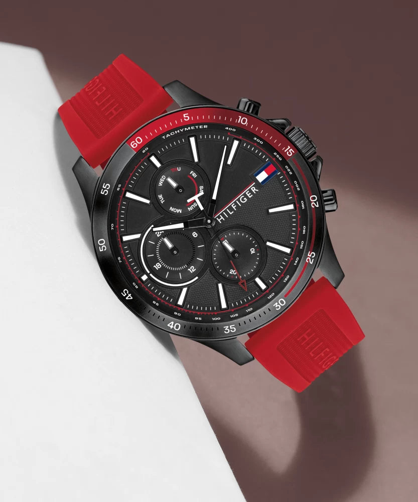 Tommy Hilfiger Multifunction Quartz Black Dial Red Rubber Strap Watch for Men - 1791722 Buy Now By Tommy Hilfiger