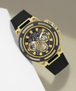 Guess Matrix Multifunction Gold Dial Black Rubber Strap Watch For Men - GW0423G2 Buy Now By Guess