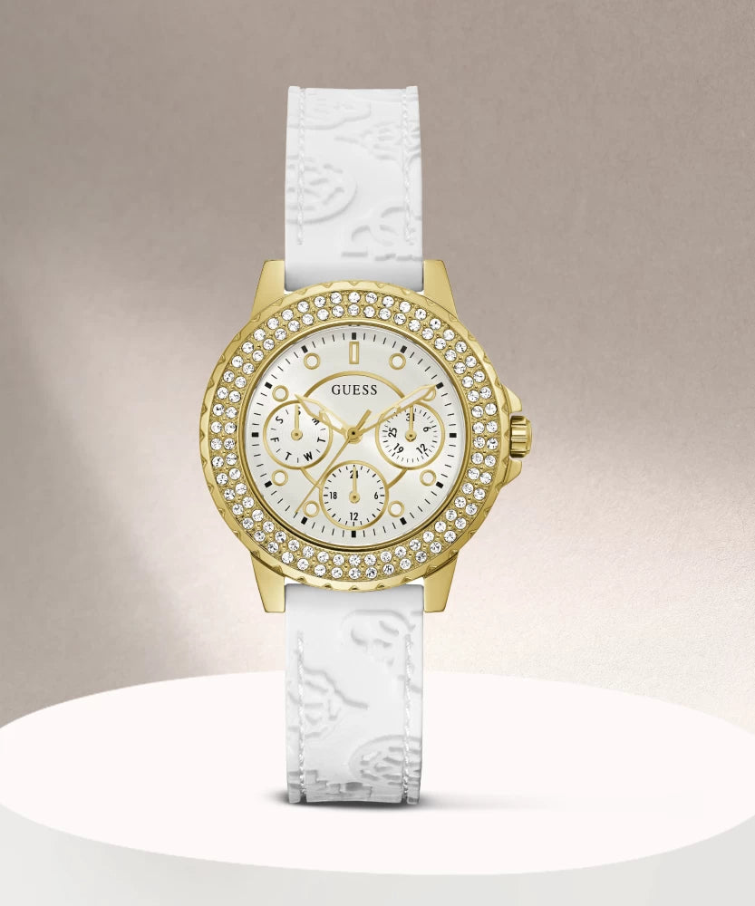 Guess Crown Jewel Multifunction Diamonds White Dial White Leather Strap Watch for Women - GW0411L1 Buy Now By Guess